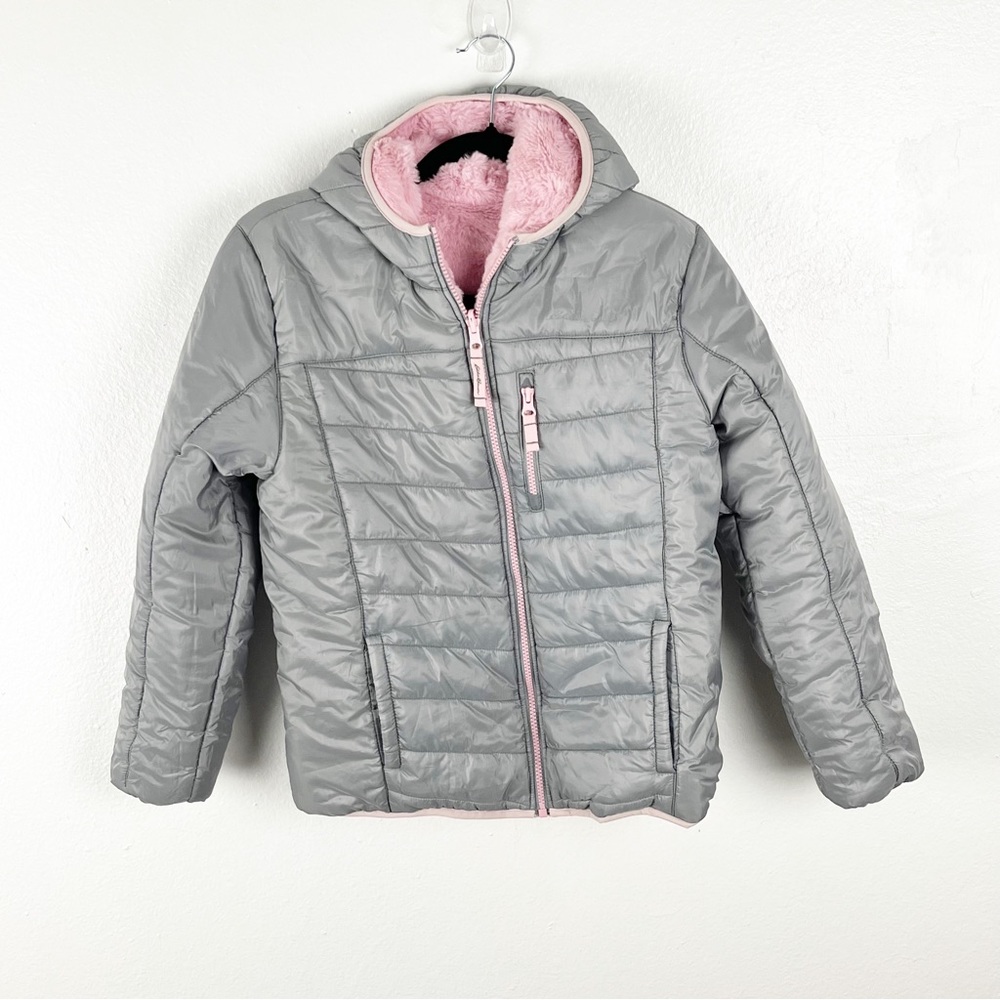 EDDIE BAUER Deer Harbor Pink Plush Silver Quilted Reversible Hood Jacket Large